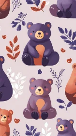 Seamless sitting bear pattern with stylized foliage accents