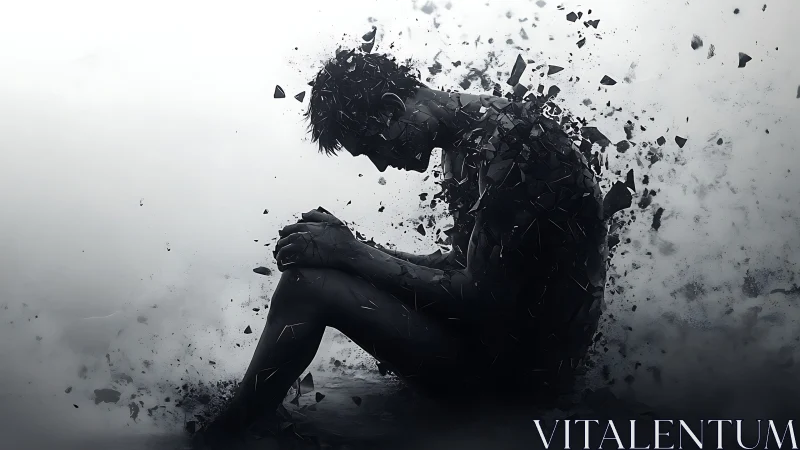 Shattered figure curls inward while fragments drift into silence