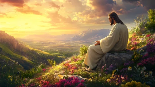 Sunlit valley listens quietly as robed figure contemplates