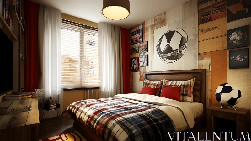 Soccer dreamer’s plaid retreat under warm evening window glow.