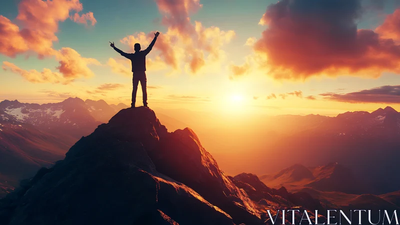 Silhouette of person standing on rocky peak at vivid sunset.
