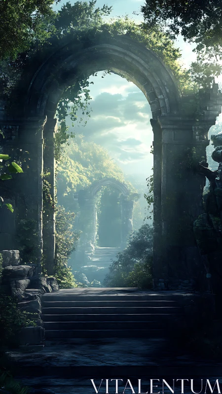 Sunlit stone archways in misty overgrown ruins.