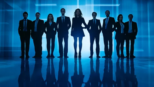 Corporate Leadership Silhouettes Against Luminous Digital Grid Background