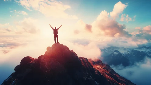 Solitary figure on sunlit mountain summit above clouds.