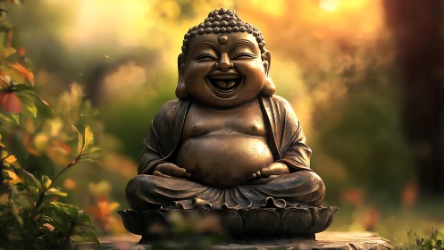 Laughing Buddha statue glows in warm sunset garden light.