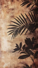 Textured sepia botanical silhouette with layered foliage forms.