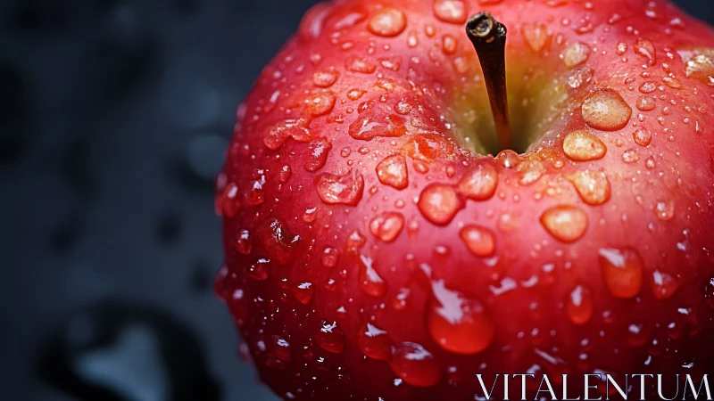 Ripe red apple glistens with fresh water droplets in closeup.