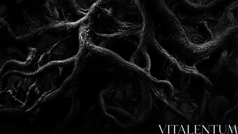 Interlocking tree roots form dense, high-contrast organic latticework