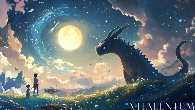 Lunar-lit meadow encounter between children and bioluminescent dragon.