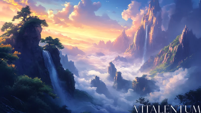 Sunlit ethereal mountains and waterfalls above a luminous cloud sea