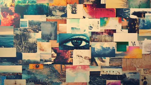 Photo collage with central blue eye and abstract textures.