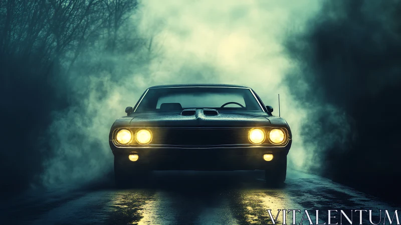 Moody classic muscle car glows on a misty forest road