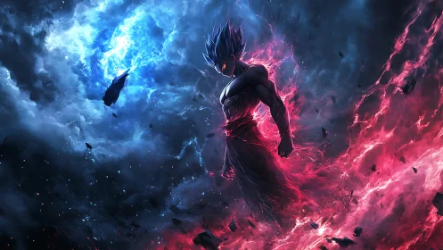 Cosmic warrior silhouette amid dual red and blue energy vortex