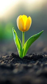 Yellow Tulip Rising from Soil with Green Leaves.
