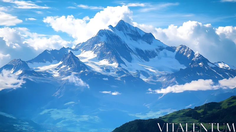 Snowcapped alpine peak under dramatic cloud-lit sky.