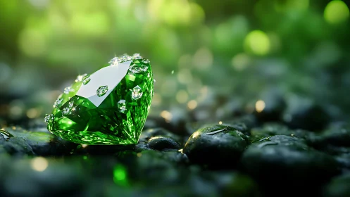 Emerald heart gem glows like morning dew on river stones.