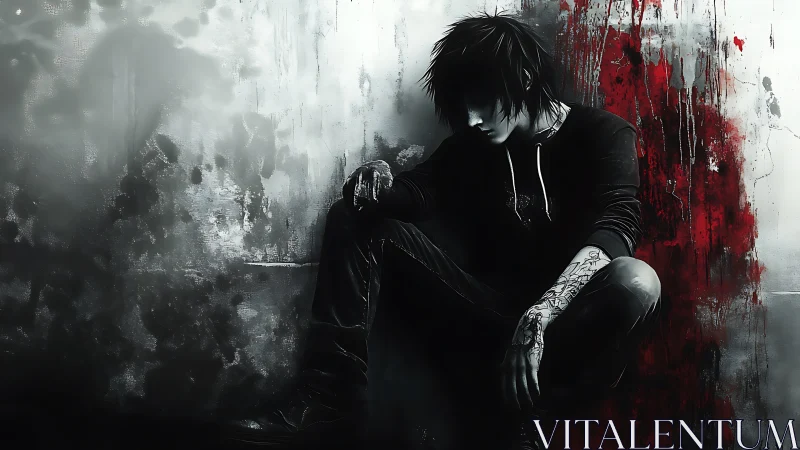 Shadowed youth resting against a storm of red and gray.