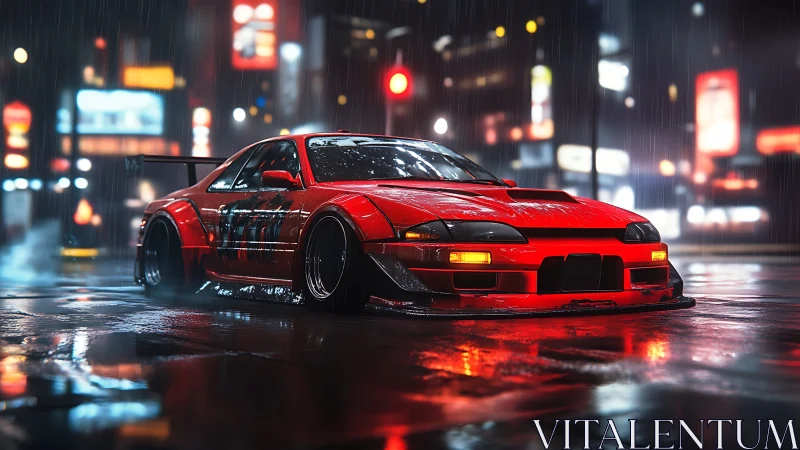 Widebody red tuner car under neon rain on city street.