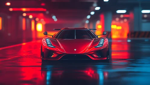 Crimson supercar glows in neon-lit underground calm.
