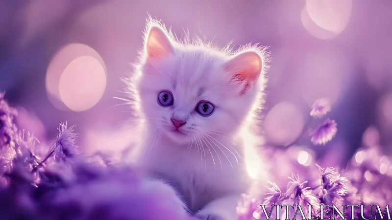 Enchanted white kitten gazes through a magical purple garden