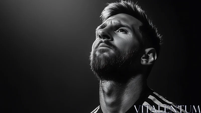 Black and white portrait of a focused male footballer.