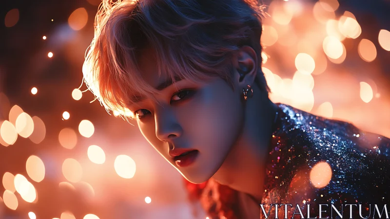 Luminous portrait of glam figure in warm bokeh glow.