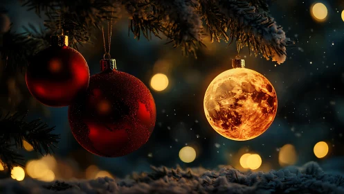 Moon ornament glows among red baubles on snowy fir.