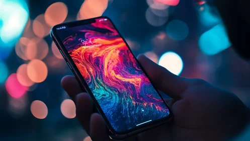Hand holds smartphone displaying bright abstract wallpaper