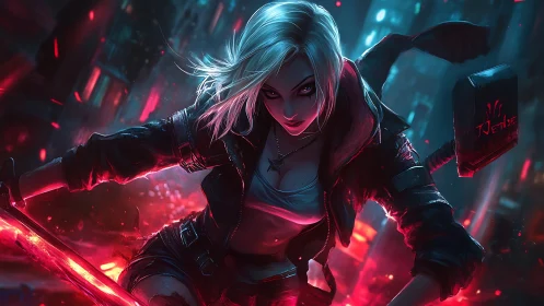 Female fighter advances through neon-lit cyberpunk street