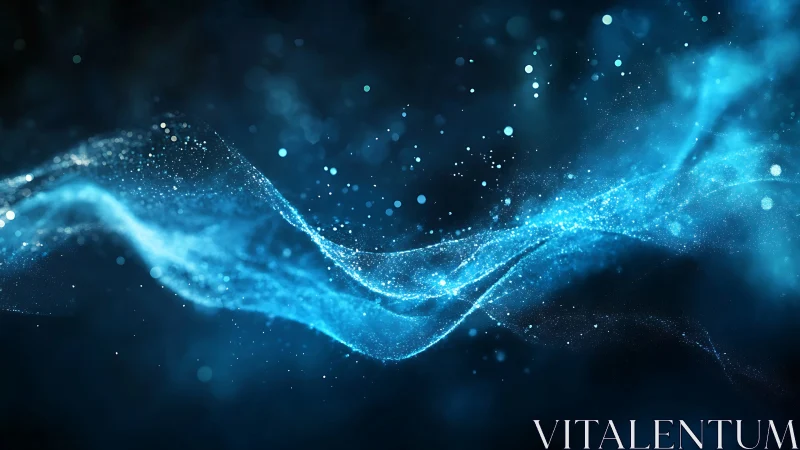 Photorealistic blue particle wave with dynamic depth of field.