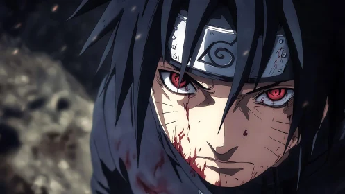 Injured anime warrior stares forward with intense red eyes