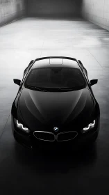 Black BMW coupe is parked in a minimal concrete tunnel