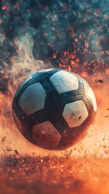 Fiery soccer ball slams into turf amid sparks and smoke.