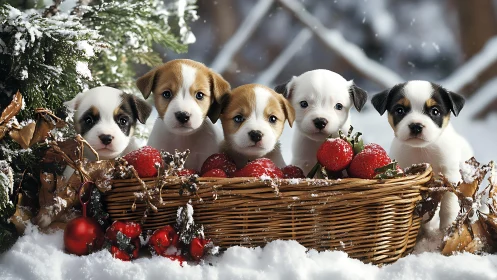 Five Jack Russell puppies arranged in a festive winter still life