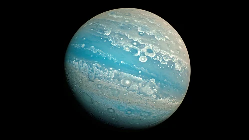 Blue gas giant sphere shows storm bands and cloud vortices