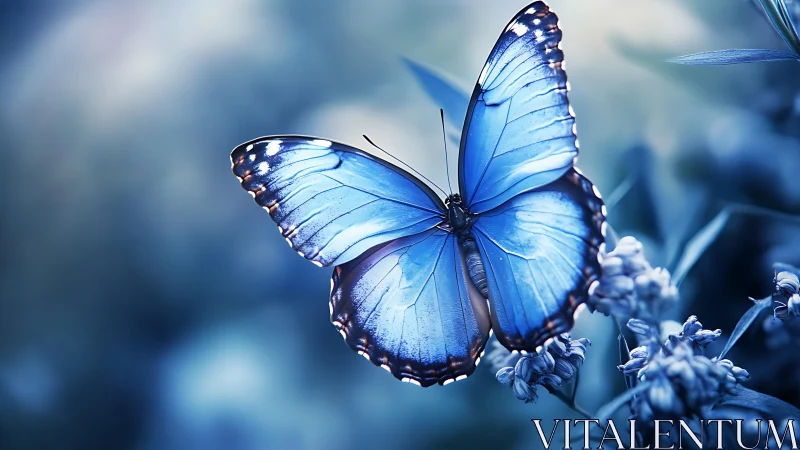 Blue morpho butterfly spreads iridescent wings in cool light.