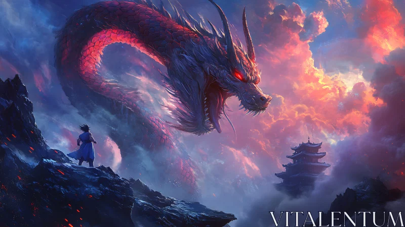 Dragon confronts lone figure above volcanic cliffs at dusk