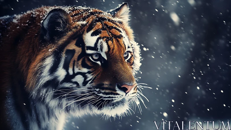 Snowlit tiger prowls through falling winter sparks of silence.