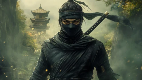 Masked ninja stalks a misty mountain temple in tense silence