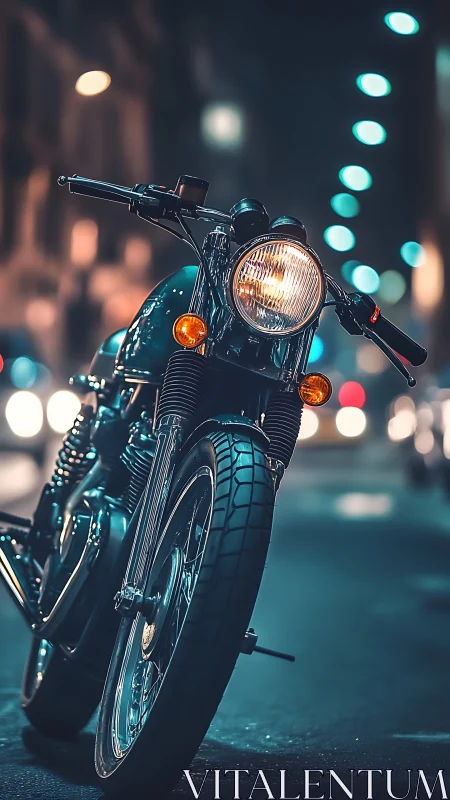 Cafe racer motorcycle glows under neon city night rain