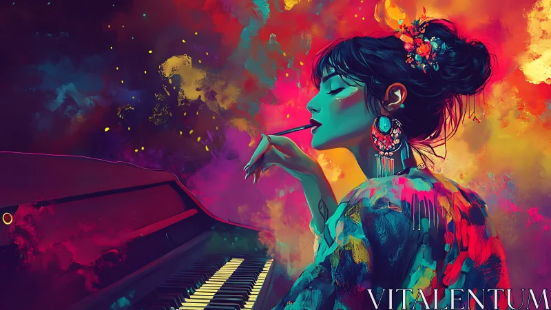 Chromatic portrait of pianist in saturated bokeh-like nebula hues