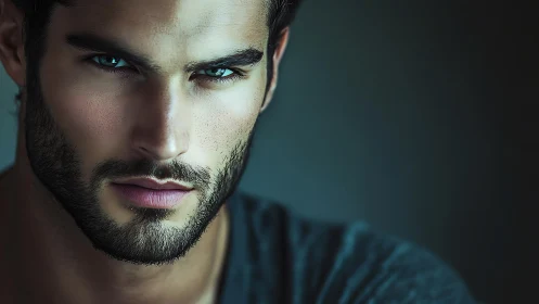 Intense bearded man gazes forward in moody teal light