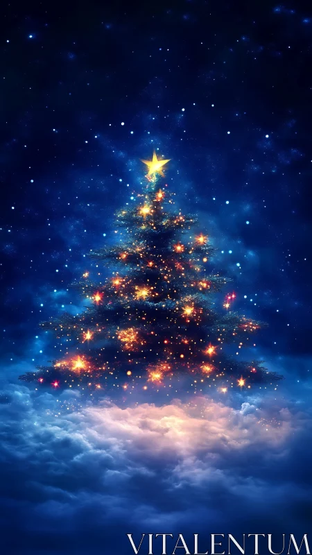 Illuminated tree silhouette above clouds under night sky.