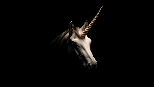 Majestic unicorn portrait with golden horn on black background.