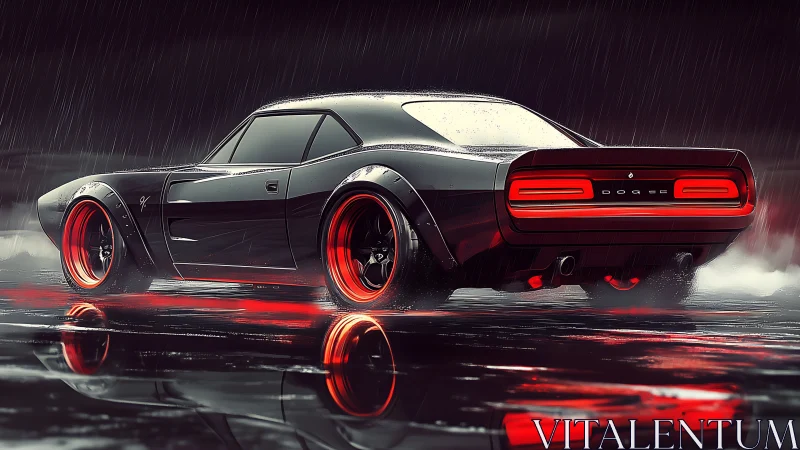 Black muscle car in rainy night street scene reflection.