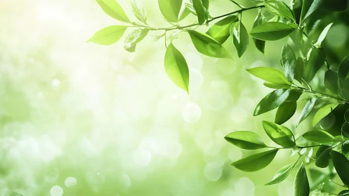 Fresh green leaves on tree branches with soft bokeh background.