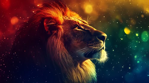 Bioluminescent profile study of male lion in nebula bokeh field.