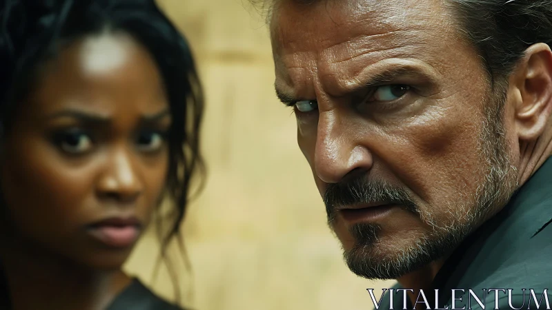 Close cropped portrait of two people in tense profile view.