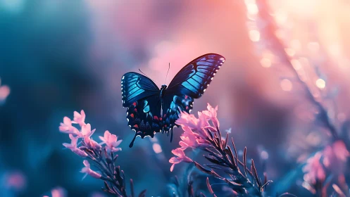 Midnight-winged butterfly sips neon dusk from soft petals
