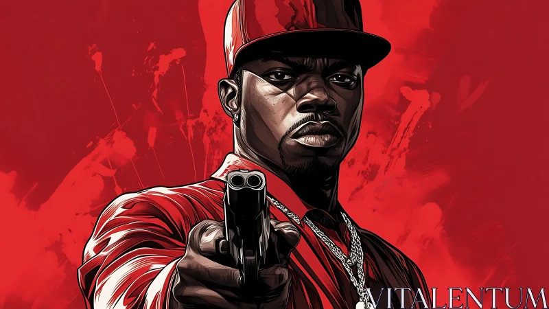 Intense urban gunman stares down viewer in bold red scene.